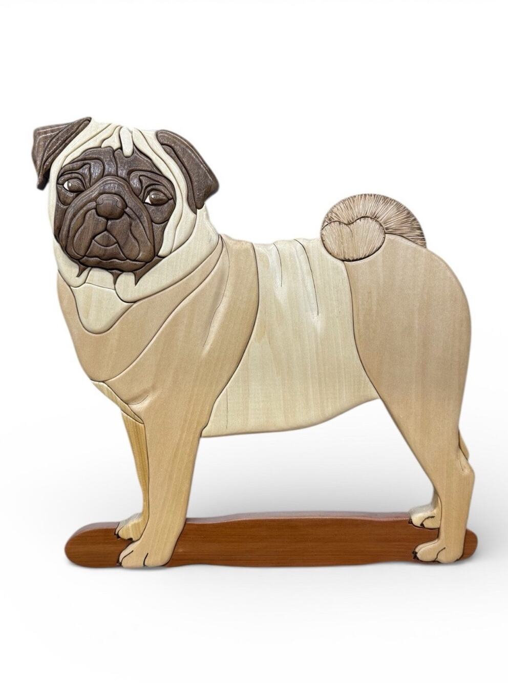 Unique Pug Lover Gift - Hand-Carved Intarsia Wood Pug Wall Hanging - 16x15 Art